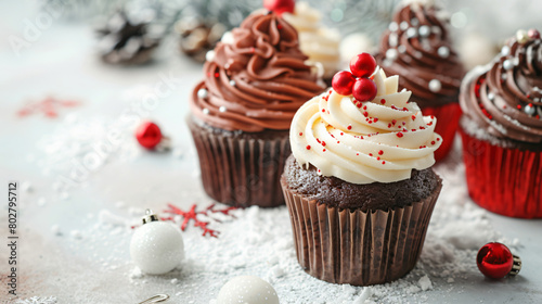 Tasty Christmas cupcakes on light background