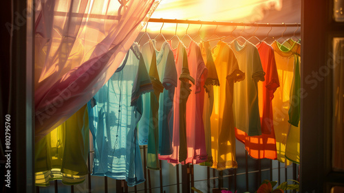 A vibrant display of bright colored shirts hanging gracefully on wire hangers, bathed in soft sunlight streaming through a window. Ai generated