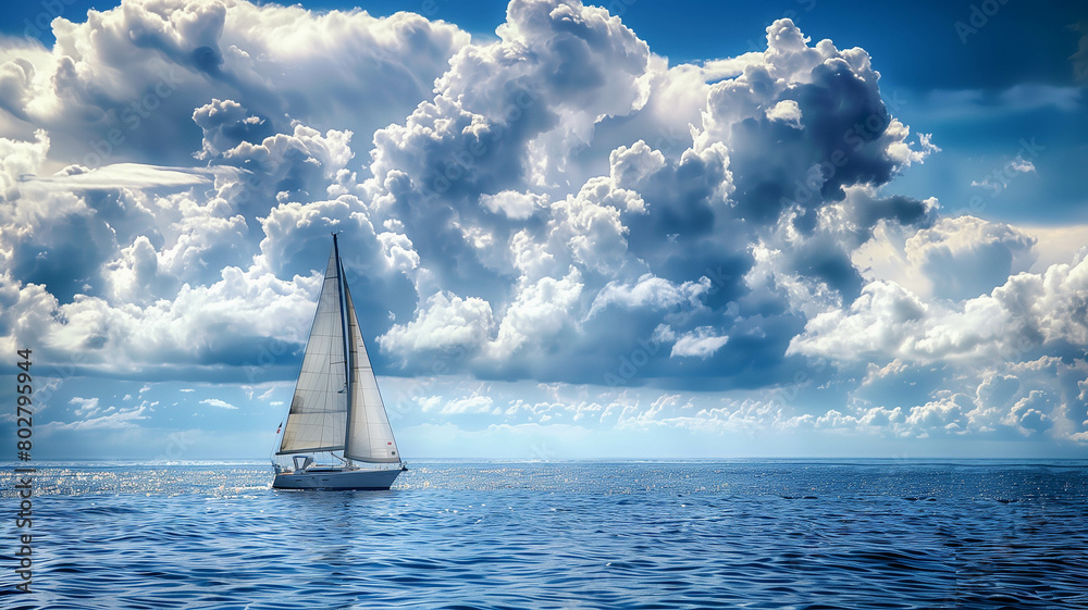 An elegant sailboat peacefully navigating the vast expanse of the ocean, framed by billowing clouds in a real photo. Ai generated