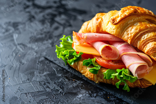 Croissant sandwich with ham, cheese, tomato and salad with copy space