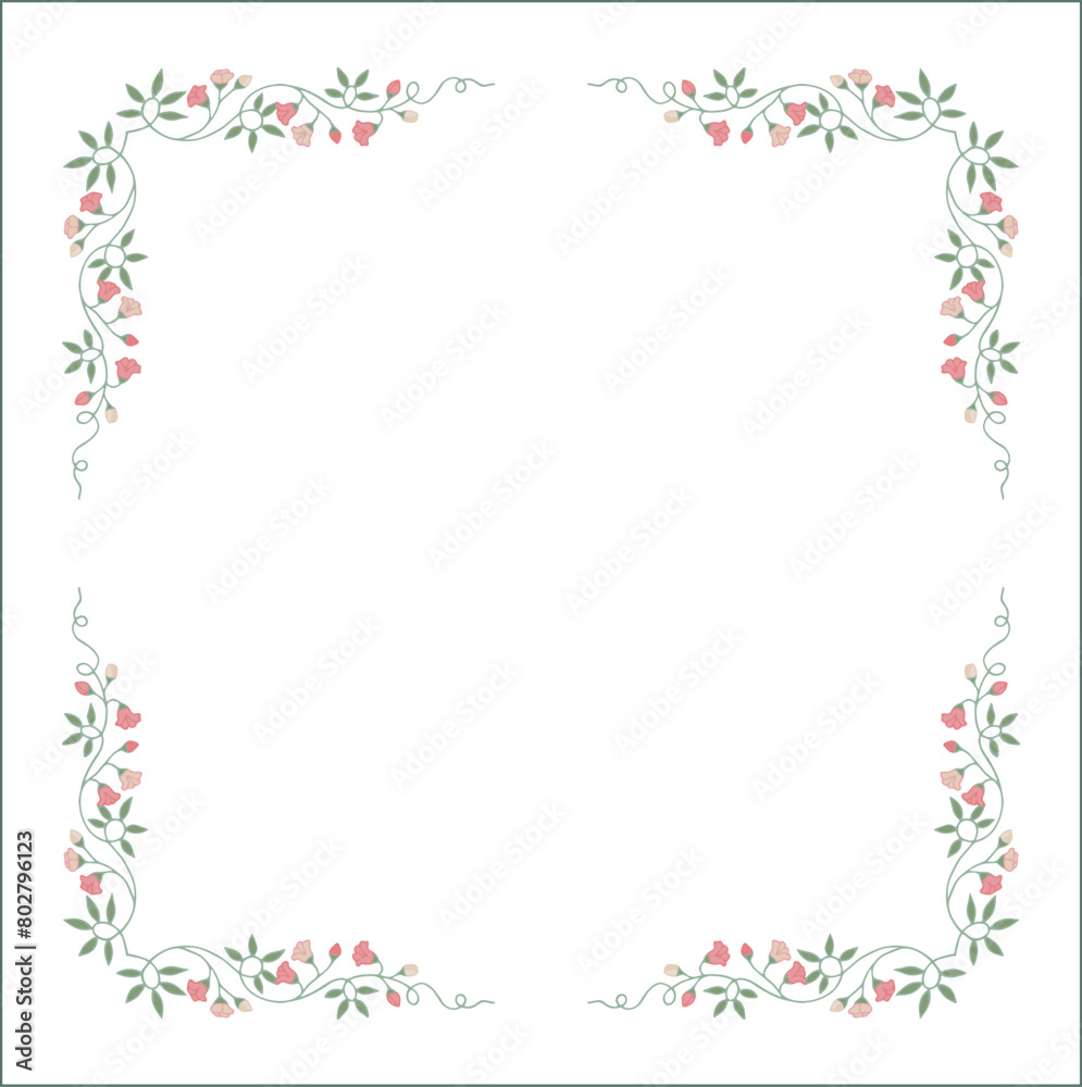 Green vegetal ornamental frame with leaves and pink flowers, decorative border, corners for greeting cards, banners, business cards, invitations, menus. Isolated vector illustration.
Green vegetal ornamental frame with leaves and pink flowers, decorative border, corners for greeting cards, banners, business cards, invitations, menus. Isolated vector illustration.
