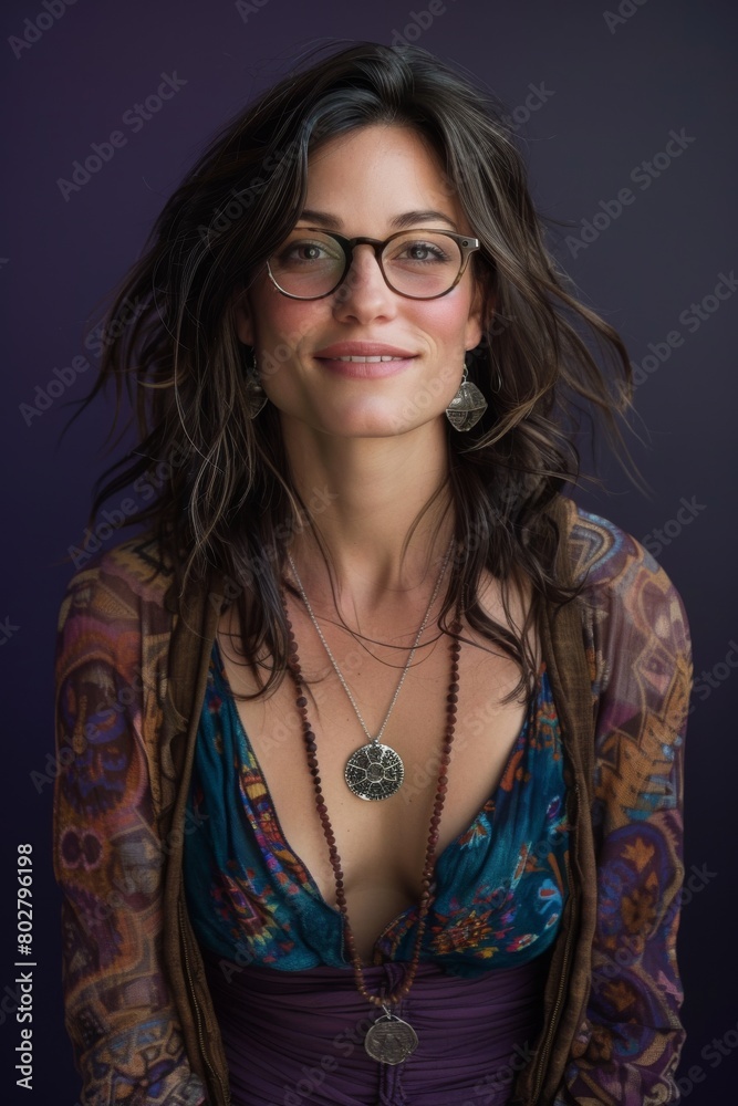 A woman with glasses posing for a picture, looking directly at the camera A woman with glasses posing for a picture, looking directly at the camera
