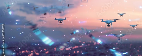 Futuristic urban skyline with multiple drones delivering packages at sunset