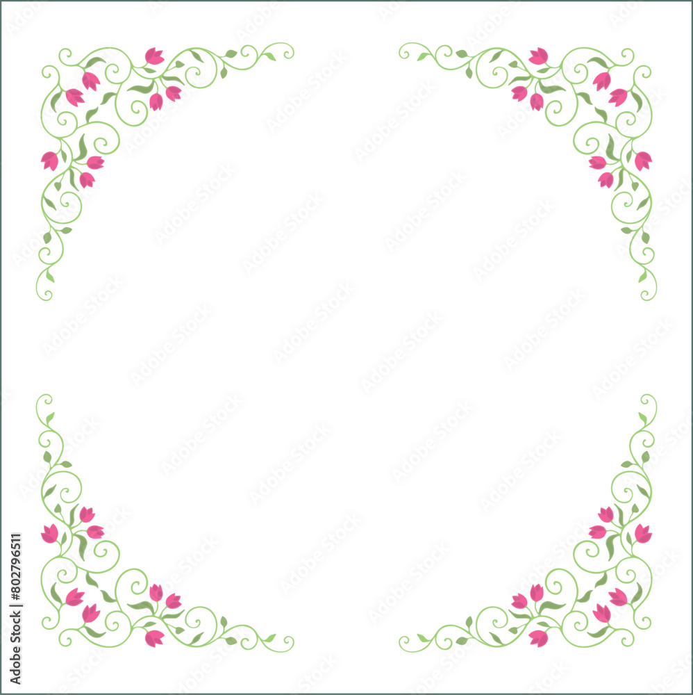 Green vegetal ornamental frame with leaves and pink flowers, decorative border, corners for greeting cards, banners, business cards, invitations, menus. Isolated vector illustration.
Green vegetal ornamental frame with leaves and pink flowers, decorative border, corners for greeting cards, banners, business cards, invitations, menus. Isolated vector illustration.
