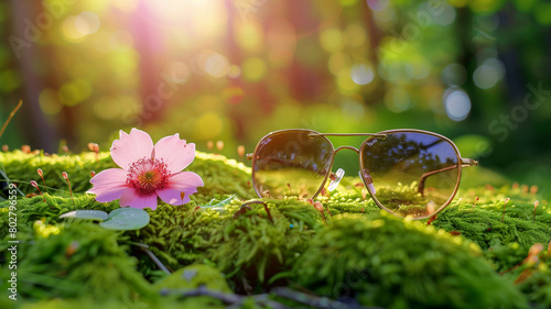 Wallpaper Mural Sunglasses and a delicate pink flower nestled amidst a bed of fresh greenery, radiating a feeling of tranquility and natural beauty. Ai generated Torontodigital.ca