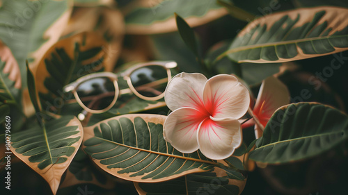 Sunglasses and a delicate pink flower nestled amidst a bed of fresh greenery  radiating a feeling of tranquility and natural beauty. Ai generated