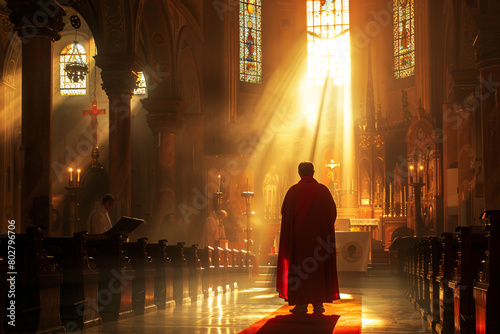 religion concept, catholic pastor in the bright church with sunlight