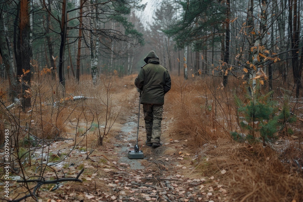 A man walking down a path in the woods, suitable for nature or outdoor themes A man walking down a path in the woods, suitable for nature or outdoor themes