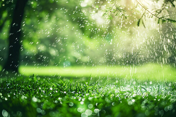 summer rain or lawn sprinkler spraying water on the green grass
