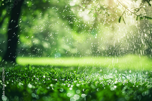 summer rain or lawn sprinkler spraying water on the green grass