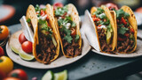 Delicious Mexican tacos with beef and vegetables at street restaurant

