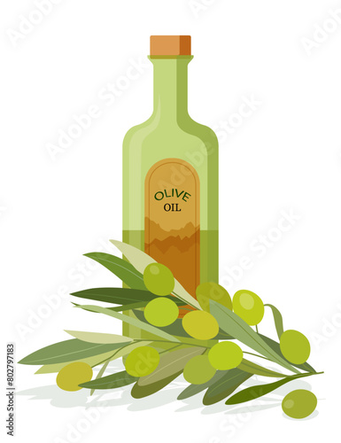 A bottle of olive oil with a branch of olives. Vector illustration.