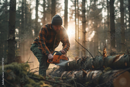male worker sawing wood with chainsaw in the forest
