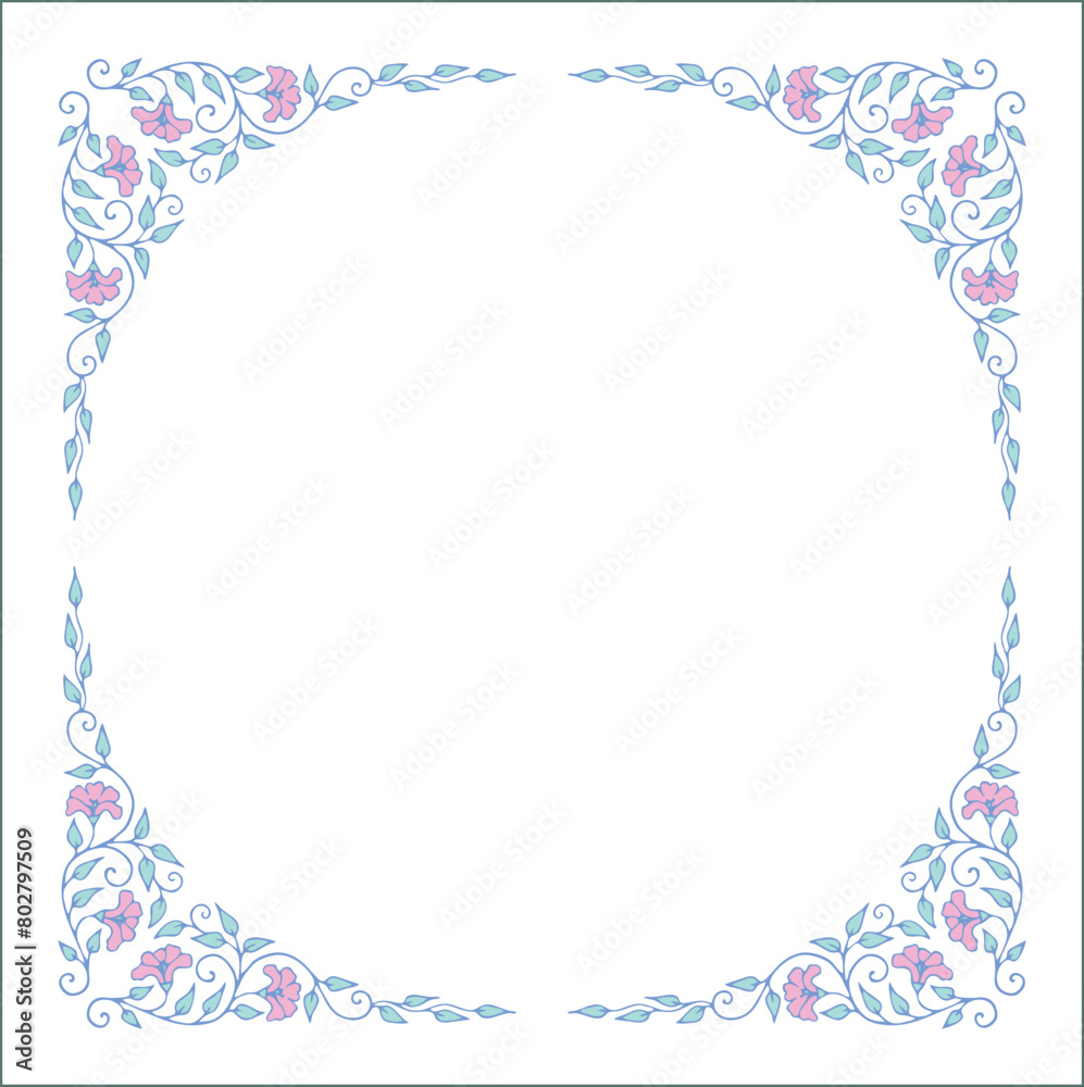 Blue round vegetal ornamental frame with leaves and pink flowers, decorative border, corners for greeting cards, banners, business cards, invitations, menus. Isolated vector illustration.