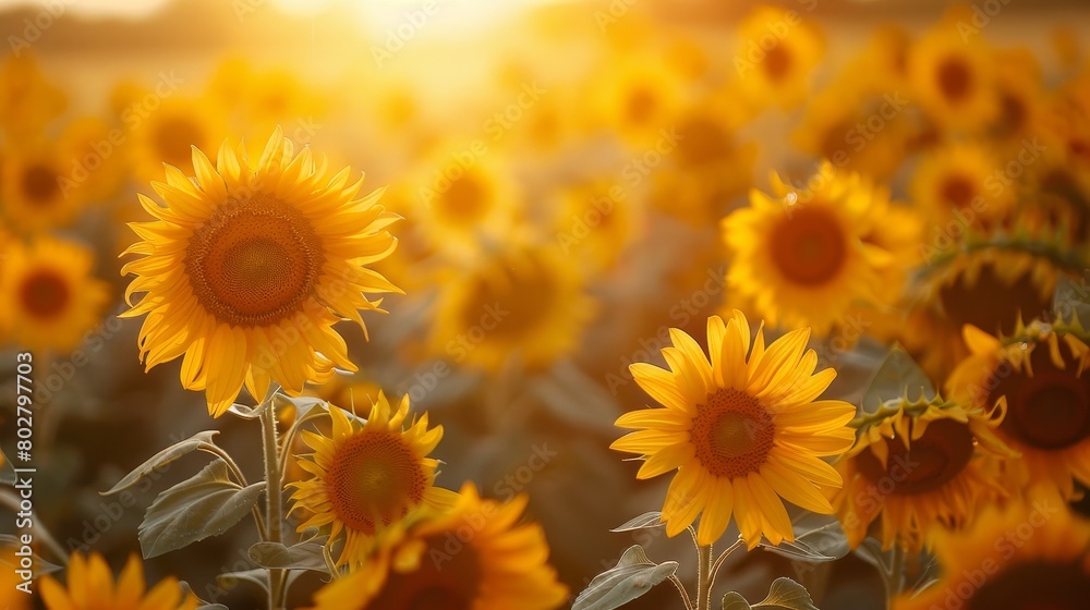 Obraz premium Sunlit Sunflower Field at Golden Hour