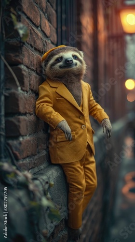 Relaxed sloth meanders through city streets in tailored elegance  epitomizing street style. The realistic urban backdrop frames this leisurely creature  seamlessly merging slow-paced charm with contem