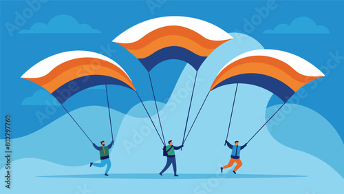 A group of paragliders forms a beautiful formation each one bearing a flag with pride and determination.. Vector illustration