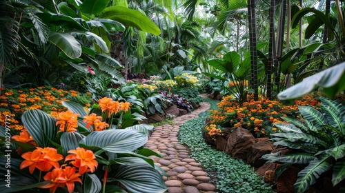 Lush Tropical Garden Pathway with Colorful Flowers