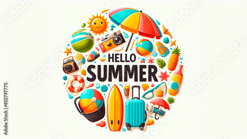 Hello Summer greeting text in circular white frame with colorful beach element: umbrella, surfboard, luggage, ball. Hello summer beach vector concept. 