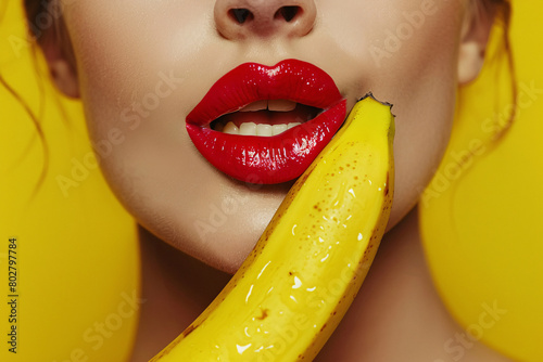 Female mouth with red lips eating banana