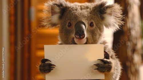 Cute koala holding a blank white sign
