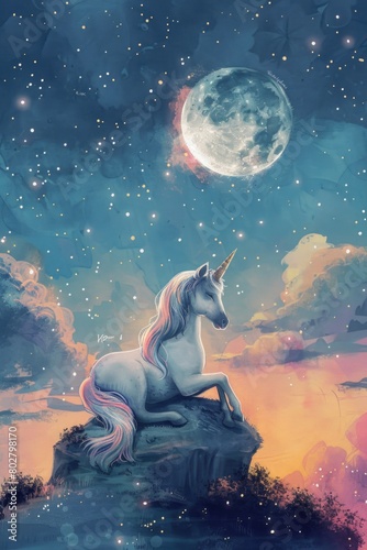 Majestic unicorn sitting on a rock under a full moon. Perfect for fantasy themed designs