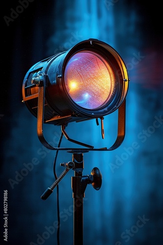 A lone retro spotlight, tilted diagonally and bathed in a warm tone, illuminates a dark stage.