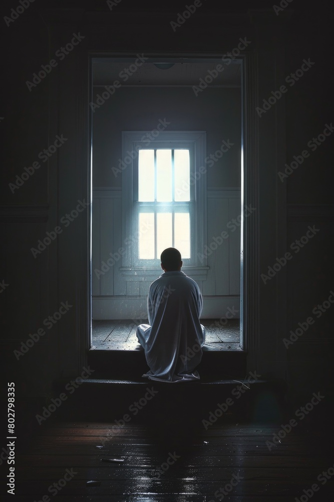 A person sitting on the floor in front of a window. Suitable for lifestyle or introspective concepts A person sitting on the floor in front of a window. Suitable for lifestyle or introspective concepts