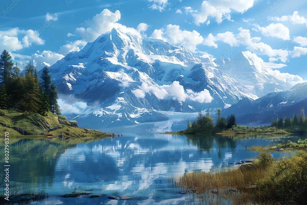 A majestic mountain panorama a crystal-clear lake reflects the snow-capped peaks of a towering mountain range, creating a scene of breathtaking serenity.