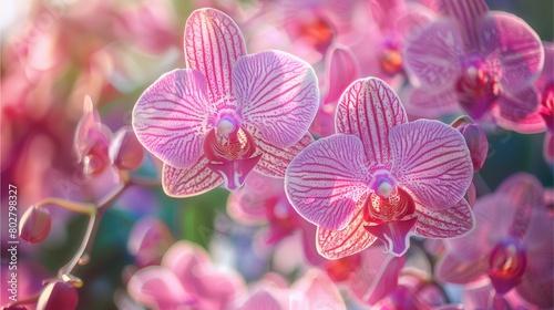 Photo of pink and purple orchid flowers  growing on the branch  with a blurred background Generative AI illustration.