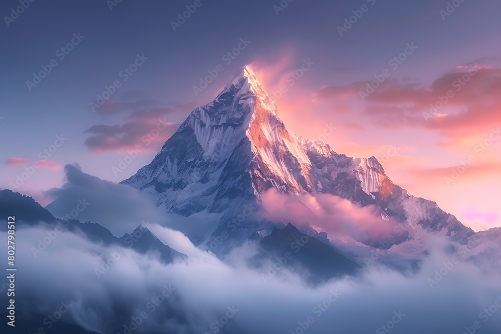 A majestic mountain peak shrouded in ethereal morning mist at the break of dawn.