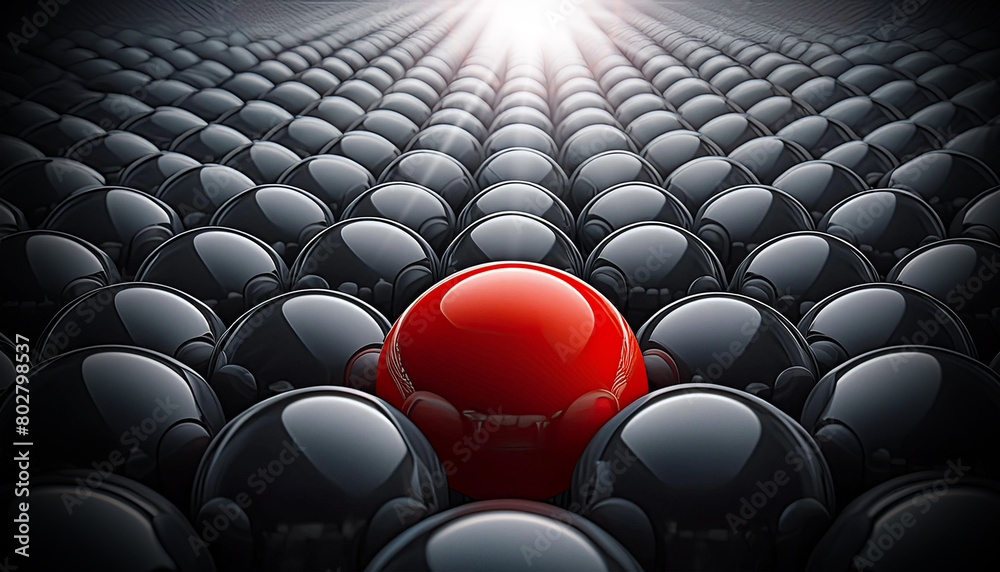 Obraz premium Extreme close-up of one single red ball among a large group of black balls. Standing out from the crowd, thinking outside the box, leadership and individuality concept. Generative Ai.