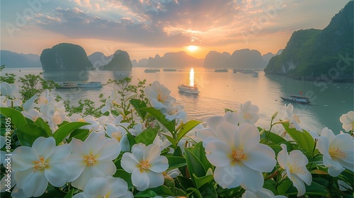 A white jasmine flower in full bloom, with the backdrop of Ha Long Bay and boats on it. The sky is painted in the style of soft clouds,Generative AI illustration.