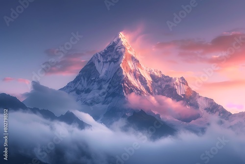 A majestic mountain peak shrouded in ethereal morning mist at the break of dawn.