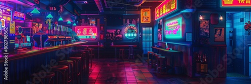 a neon - lit bar with a red floor and stools, featuring a neon sign and a red and yellow sign, set