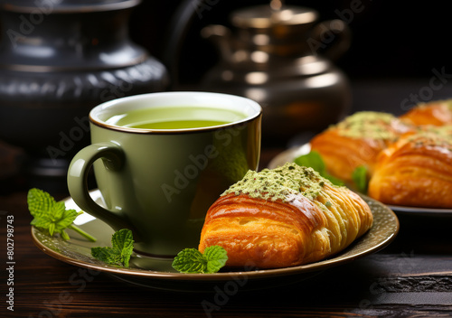 Tasty Tea Break Wooden Table: Green Tea Cup, Mini Chocolate Bun, Puff Pastry - Cozy Mood, Copy Space