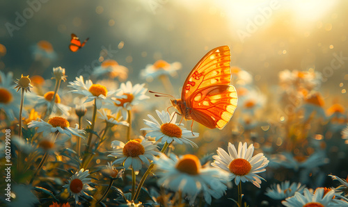 Fototapeta Naklejka Na Ścianę i Meble -  Sunlit Daisy Meadow, Chamomile Flowers, Fluttering Butterflies - Panoramic Summer Nature Landscape