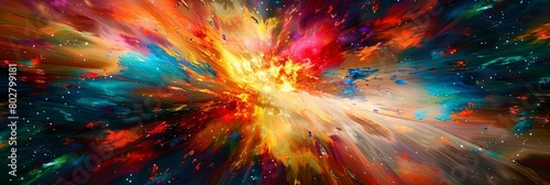 a colorful abstract painting featuring a red  orange  yellow  green  and blue color scheme