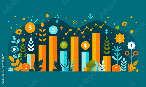 Upward financial charts with currency symbols and corporate imagery - Business profit growth visualization