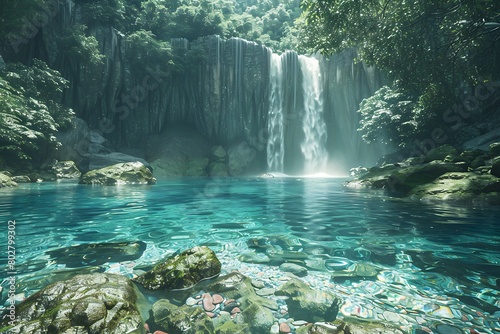 A majestic waterfall cascading into a crystal-clear lagoon.