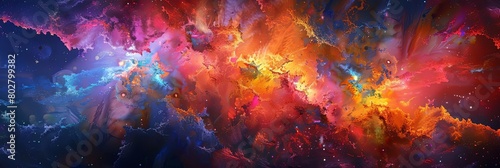a colorful abstract painting featuring a red, orange, and yellow color scheme, with a isolated back photo