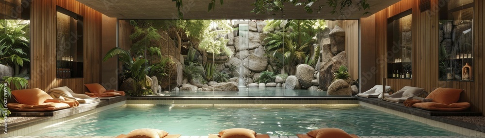 Explore a tranquil floating oasis offering wellness resources like yoga mats and guides in a serene spa atmosphere. Explore a tranquil floating oasis offering wellness resources like yoga mats and guides in a serene spa atmosphere.