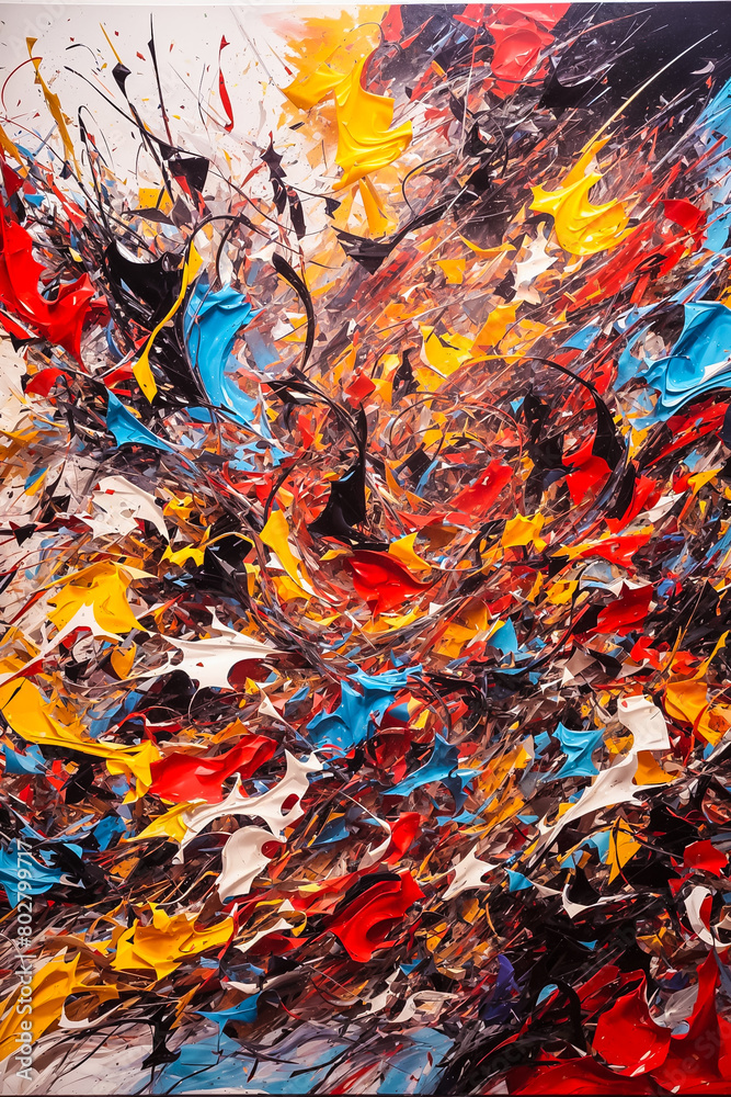 A multitude of swirling colors, jagged lines, and distorted shapes collide in a mesmerizing display, abstract painting. A multitude of swirling colors, jagged lines, and distorted shapes collide in a mesmerizing display, abstract painting.