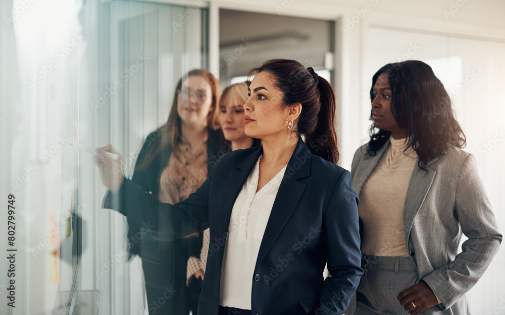 Team of diverse businesswomen brainstorming on an office whiteboard Team of diverse businesswomen brainstorming on an office whiteboard