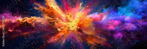 a colorful explosion in space a cluster of stars, including a bright one on the left, a dark one in
