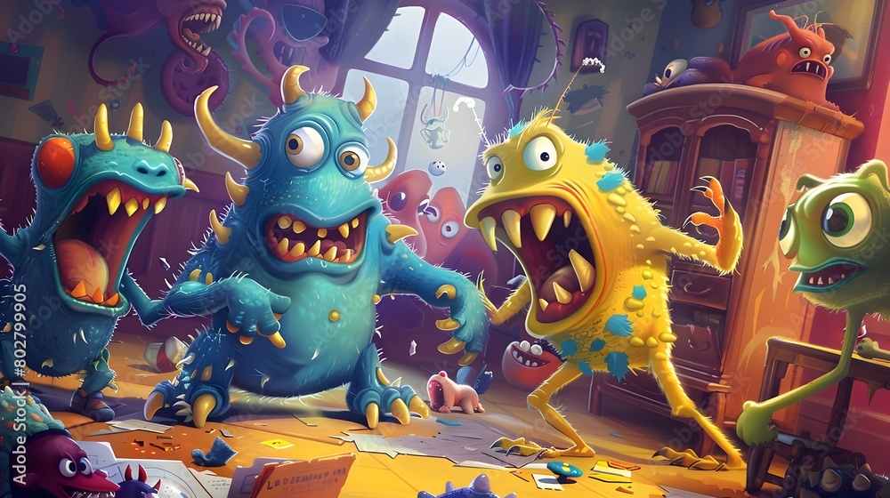 Naklejka premium Colorful Quirky Cartoon Monsters in Humorous and Vibrant Scene