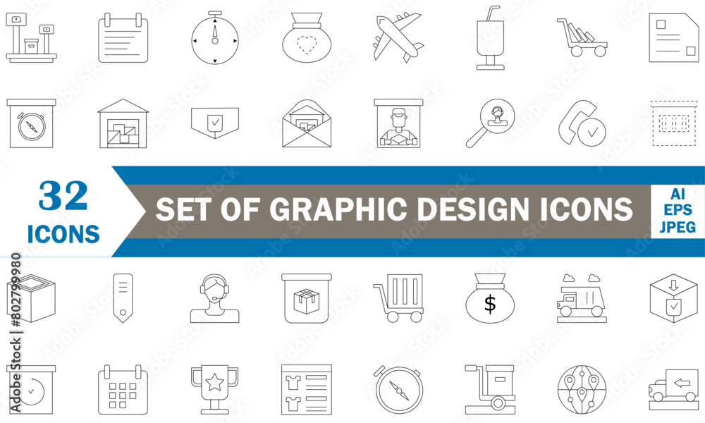 Set of graphic design Icons. Simple line art style icons pack vector illustrator set