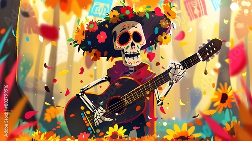 Colorful Skeleton Musician Performing during Day of the Dead