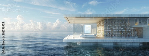 Panoramic floating library with transparent floating shelves and a holographic reader interface, against a serene sea horizon. © Kanisorn