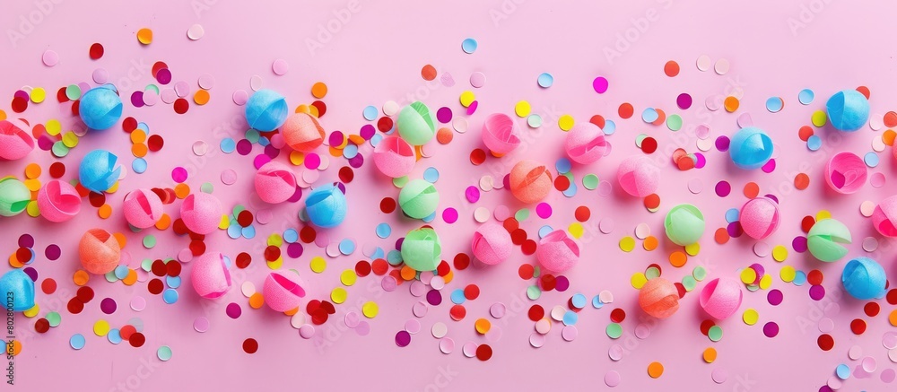 Colorful party confetti on a pink background, creating a festive backdrop. Flat lay perspective.